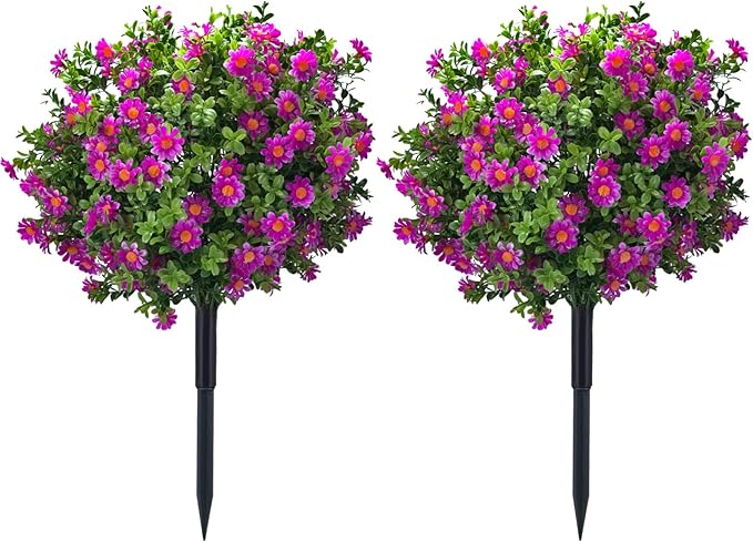 23.6" Artificial Boxwood Topiary Ball Trees with Purple Flowers, Set of 2 UV Resistant No Fade Outdoor Faux Plants with Ground Spike, Fake Shrubs for Garden, Patio, Porch, Yard, Indoor Decor-VerdiqueGarden
