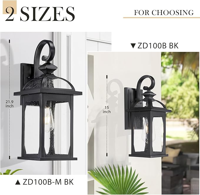 zeyu Outdoor Porch Light Wall Light Fixture, 15 Inch Exterior Wall Lighting for House, Die-Cast Aluminum with Seeded Glass, Black Finish, ZD100B BK-VerdiqueGarden