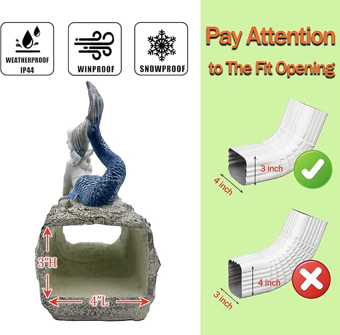 Mermaid Gutter Downspout Splash Block Statue, Garden Outdoor Animal Decor Sculpture, Diverter Rain, Decorative Extension, Waterproof Resin, Fits 3"x4" Rectangular Downspouts, Unique Gift-VerdiqueGarden