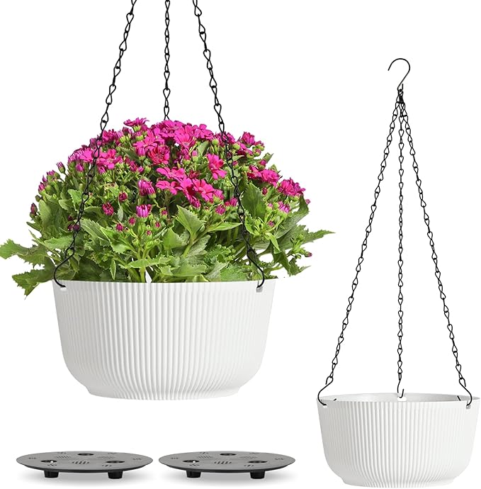 T4U Hanging Planter Self Watering 8 Inch, 2 Pack White Indoor Outdoor Hanging Plant pots, Hanging Flower Pot with Drainage Hole & Plug & Chain with 3 Hooks for Garden Home Decor-VerdiqueGarden