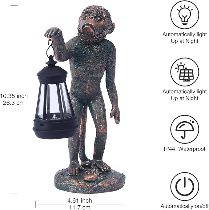 Garden Statue Monkey Figurine - Monkey Decor with Solar Powered Led Lights for Patio Lawn Balcony Yard - Ideal Gift for Women Moms Grandma Housewarming (Copper)-VerdiqueGarden