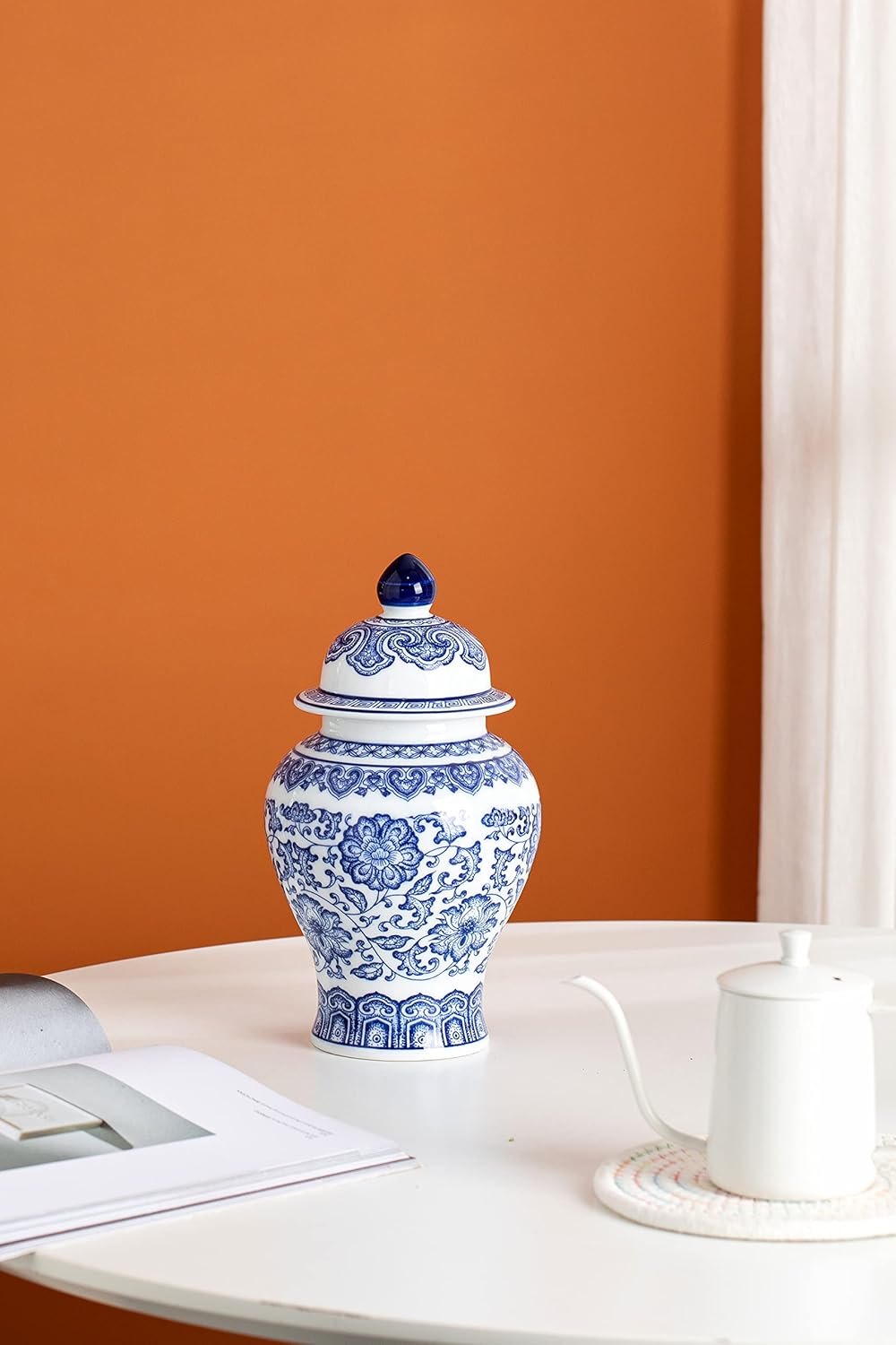 Blue and White Ginger Jar, Ceramic Chinoiserie Decorative Jars for Home, Office, Flower Vase Pocelain, Glossy Vase for Table, Living Room, Bookshelf, Mantle Fireplace, Centerpieces, 9.8"H-VerdiqueGarden