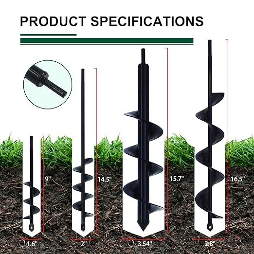 4 Pack Garden Ground Earth Spiral Drill Bit for 3/8" Hex Drive Drill, Auger Drill Bits for Bulbs Planting, Hole Digger Flowers,Bedding Digging Plant Rapid Planter Tool-VerdiqueGarden