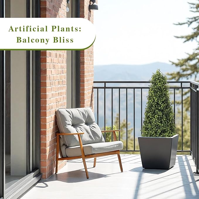 3ft Artificial Boxwood Topiary Trees (Set of 2) - UV Resistant Faux Plants Outdoor, Realistic 36in Fake Cone Bushes and Shrubs for Front Porch, Planter, Patio - Low Maintenance & Evergreen-VerdiqueGarden