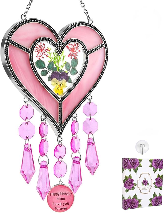 Mom's Birthday Gift Cool Pink Glass Heart Sun Catcher-VerdiqueGarden