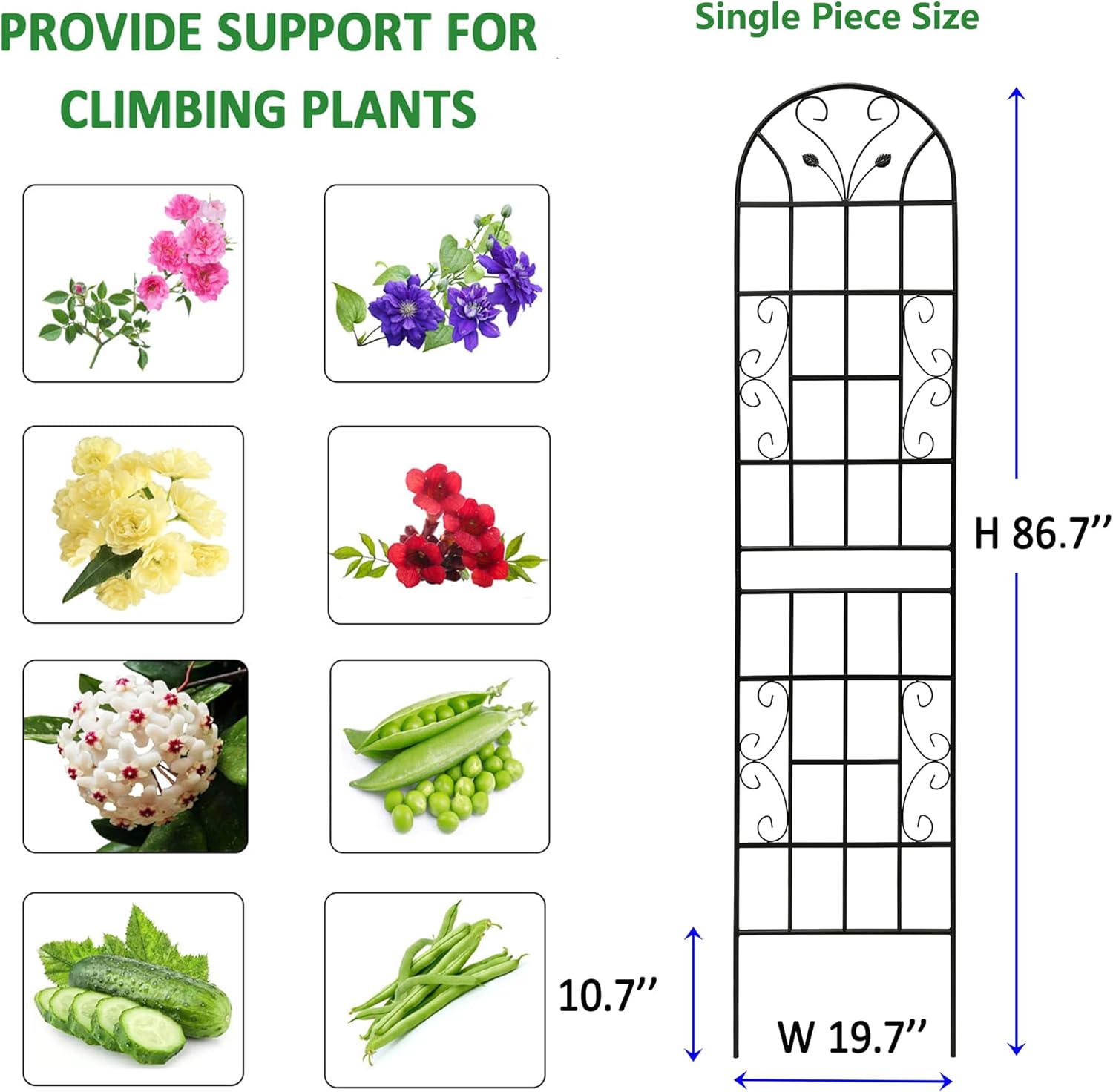 6 Pack Metal Garden Trellis 86.7" Tall Outdoor Climbing Plant Support for Roses, Flowers, Rustproof Durable Black Galvanized Tube, Lawn Garden Fence Decor Screen, 86.7" H-VerdiqueGarden