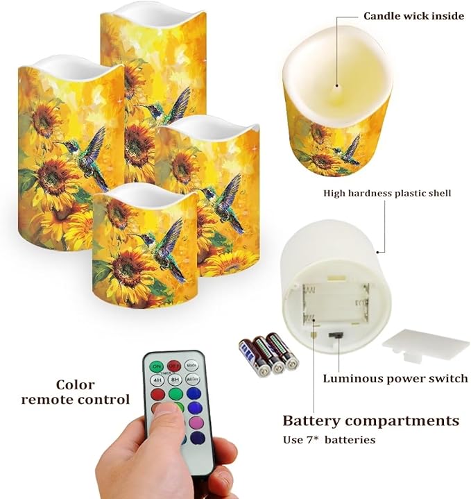 Ystardream Flameless Candle Valentine Candles Hummingbird Unity Candles for Wedding Ceremony Set with Remote and Timer Battery Operated Realistic LED Window Candles Dinner Wedding Sunflower Print-VerdiqueGarden