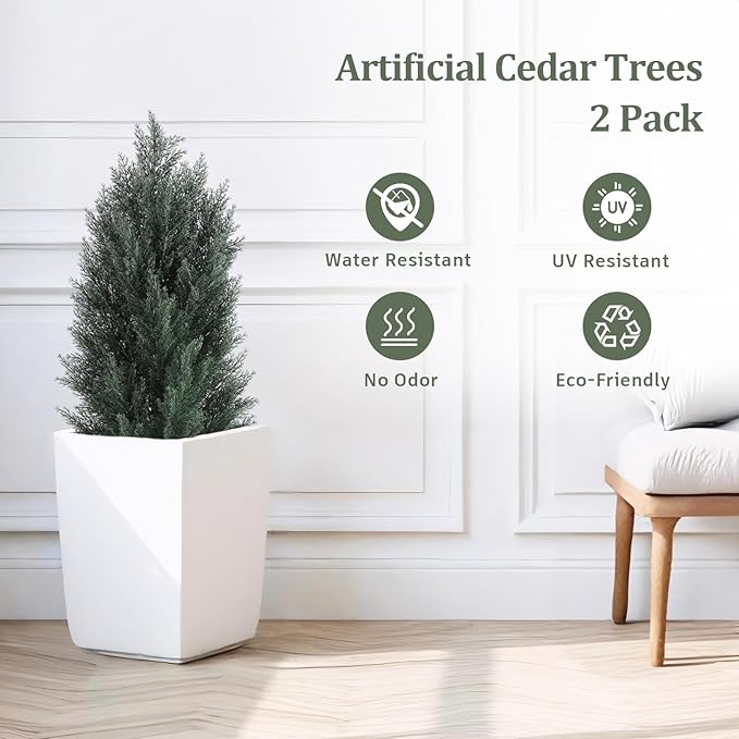 THE BLOOM TIMES 3ft Topiary Trees Artificial Outdoor 2 Pack – UV Resistant Faux Cedar Pine Cypress Bushes and Shrubs, Fake Potted Plants for Front Porch Outside Planter Patio Decor, Set of 2 (3 Foot)-VerdiqueGarden