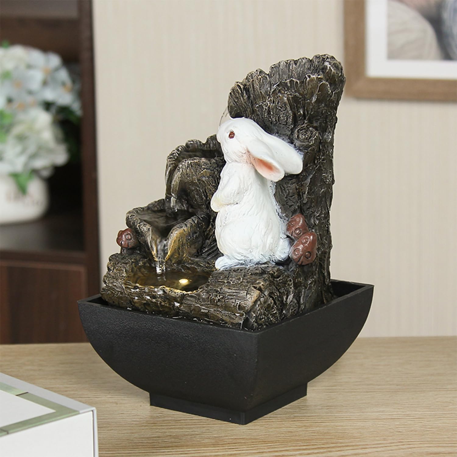 Small Cascading Rock Tabletop Fountain, Cute Little White Rabbit Indoor Waterfall Fountain with Colored LED Lights and Rolling Ball, 3 Tiered Desktop Fountain for Office Home Bedroom-VerdiqueGarden
