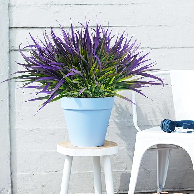 Uieke 12 Bundles Artificial Outdoor Plants UV Resistant Fake Grass Plants Faux Plastic Plants Greenery Shrubs for Home Garden Pathway Window Box Front Porch Cemetery Spring Summer Decor, Purple-VerdiqueGarden
