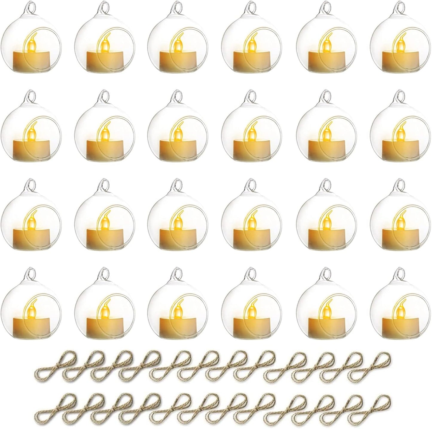 NUPTIO Hanging TeaLight Candle Holder: 24Pcs 2.36in Tree Tea Light Holders with LED Candles Small Glass Globes Ornament Clear Round Mini Terrarium Containers for Wedding Party Tree Decoration-VerdiqueGarden