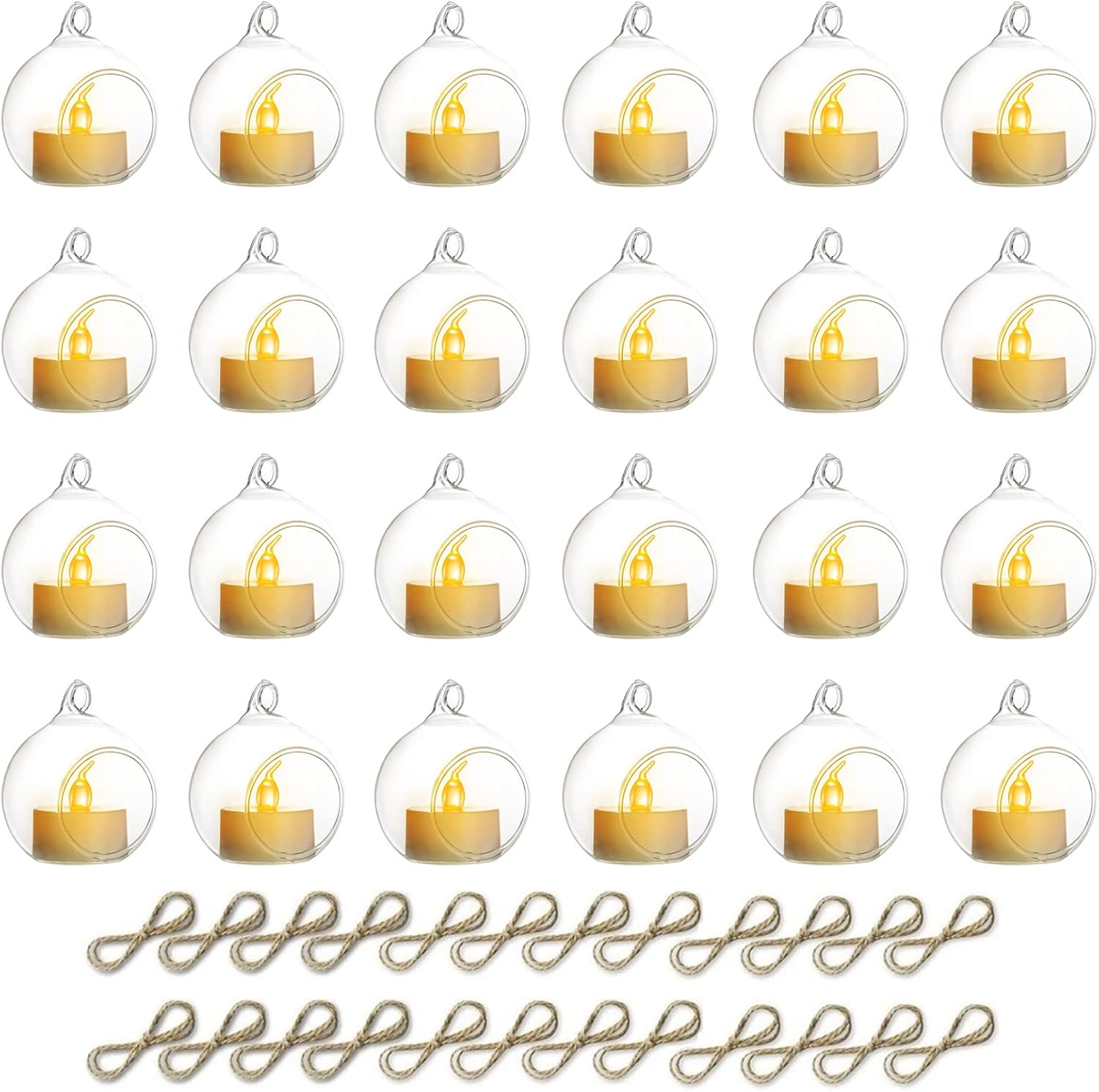 NUPTIO Hanging TeaLight Candle Holder: 24Pcs 2.36in Tree Tea Light Holders with LED Candles Small Glass Globes Ornament Clear Round Mini Terrarium Containers for Wedding Party Tree Decoration-VerdiqueGarden