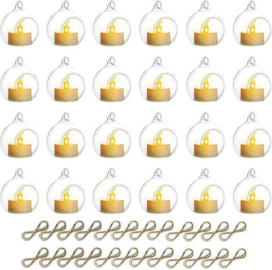 NUPTIO Hanging TeaLight Candle Holder: 24Pcs 2.36in Tree Tea Light Holders with LED Candles Small Glass Globes Ornament Clear Round Mini Terrarium Containers for Wedding Party Tree Decoration-VerdiqueGarden