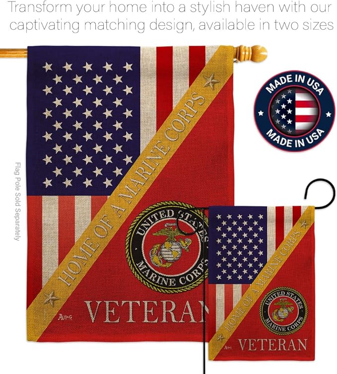 Home of Marine Corps Burlap Garden Flag - Set with Stand Armed Forces USMC Semper Fi United State American Military Veteran Retire Official House Banner Cemetery Yard Rememberance Veterans Day Gifts-VerdiqueGarden