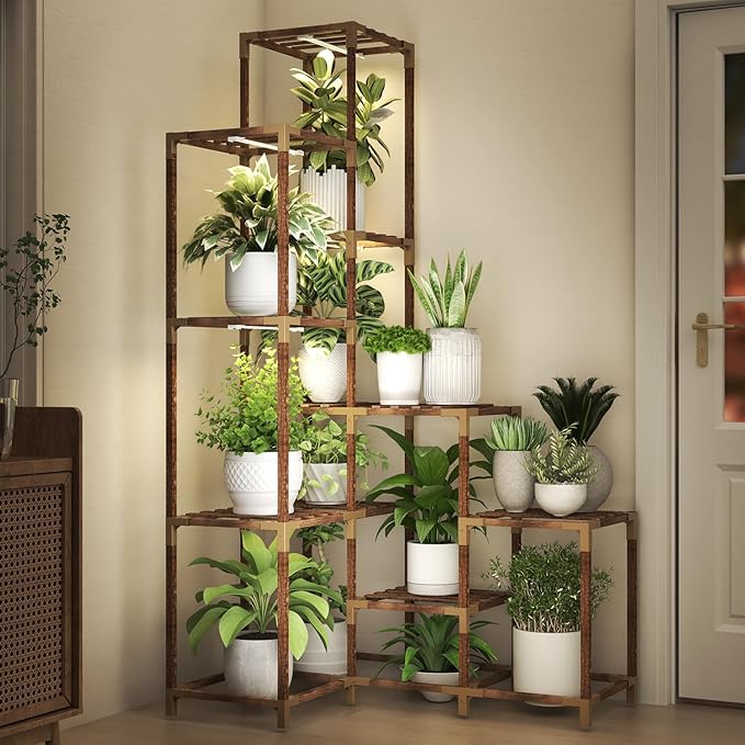 HOMKIRT Corner Plant Stand with Grow Lights, 14 Tier Tall Plant Shelf Indoor Outdoor for Multiple Plants, Wood Plant Ladder Rack Holder Display Flower Stand for Patio Porch Garden Living Room-VerdiqueGarden