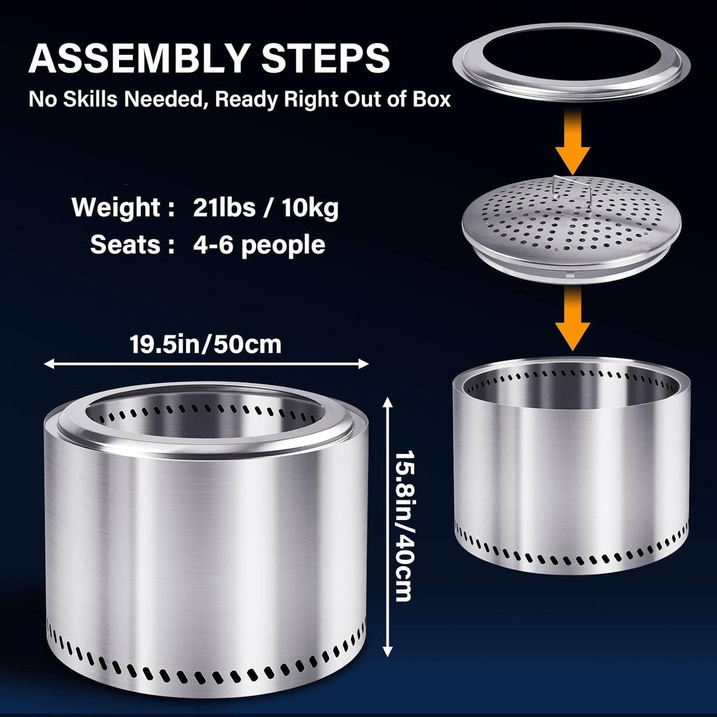 HGD 19.5" Smokeless Fire Pit Outdoor, Stainless Steel Wood Burning Firepit with Secondary Combustion, Backyard Patio Stove for Garden, BBQ & Bonfire-VerdiqueGarden