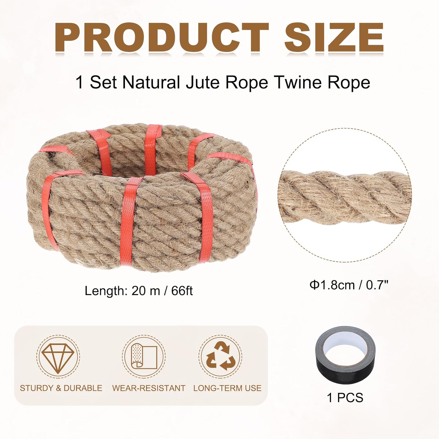 MECCANIXITY Jute Rope 0.7 Inch x 66ft, Thick Twine Rope Ropes Braided Jute Twine Natural Brown Burlap Cord String Heavy Twisted with Tape for Decorative Crafts Railing Swing Tug of War-VerdiqueGarden