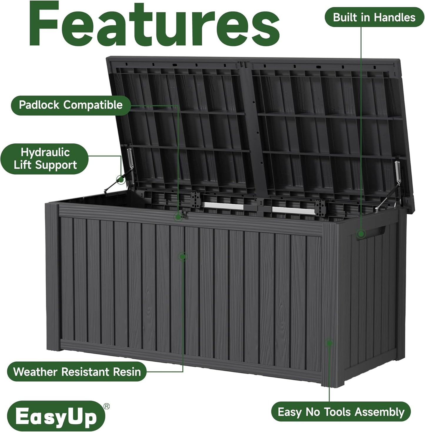 180 Gallon Outdoor Storage Box Waterproof, UV Resistant Resin Deck Box with Hydraulic Rod, Reinforced Stability for Patio, Garden, and Pool, Striped Black-VerdiqueGarden