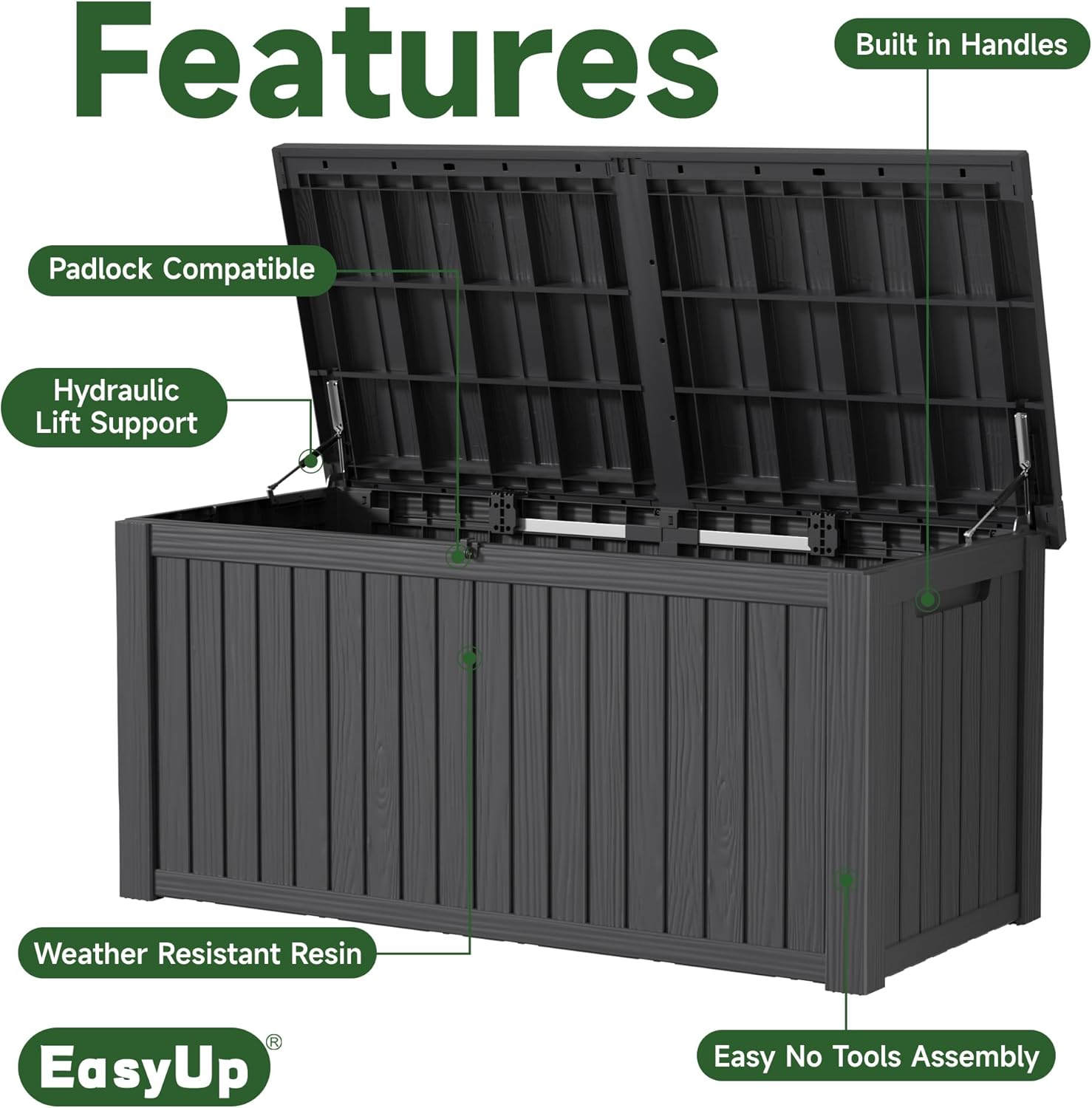 180 Gallon Outdoor Storage Box Waterproof, UV Resistant Resin Deck Box with Hydraulic Rod, Reinforced Stability for Patio, Garden, and Pool, Striped Black-VerdiqueGarden