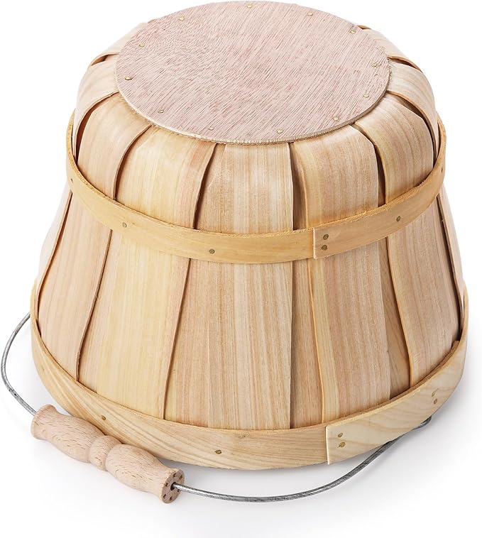 Okllen 2 Pack Round Wooden Baskets with Handle, Empty Wood Fruit Buckets, Easter Basket Fall Harvest Basket for Display Fruits Vegetables, Home Garden and Party Supplies, Natural Color-VerdiqueGarden