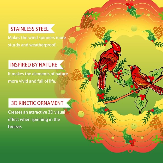 Cardinal Wind Spinners Metal Cardinal Gifts for Women, Mom, Grandma,12inch Hanging Wind Spinner for Outdoor&Indoor Decor Wind Kinetic Christmas Mother Ornament for Yard Garden Decoration-VerdiqueGarden