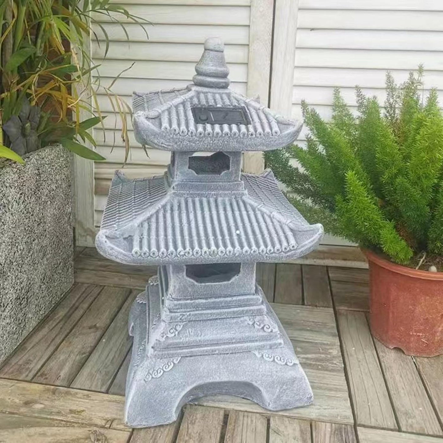 Outdoor Solar Pagoda Lantern,2 Tier Pagoda Lantern Garden Statue,Zen Garden Lantern Pagoda,Pagoda Lantern Japanese Style. for Zen Lawn Garden Decoration and Christmas Ornament (Solar Lights)-VerdiqueGarden