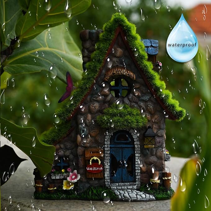 ASAWASA Resin Fairy House Statues with Solar Powered Lights, Funny Garden Sculptures with Flocked and Cobblestone Decor, Exquisite Garden Cottage Figurines-VerdiqueGarden