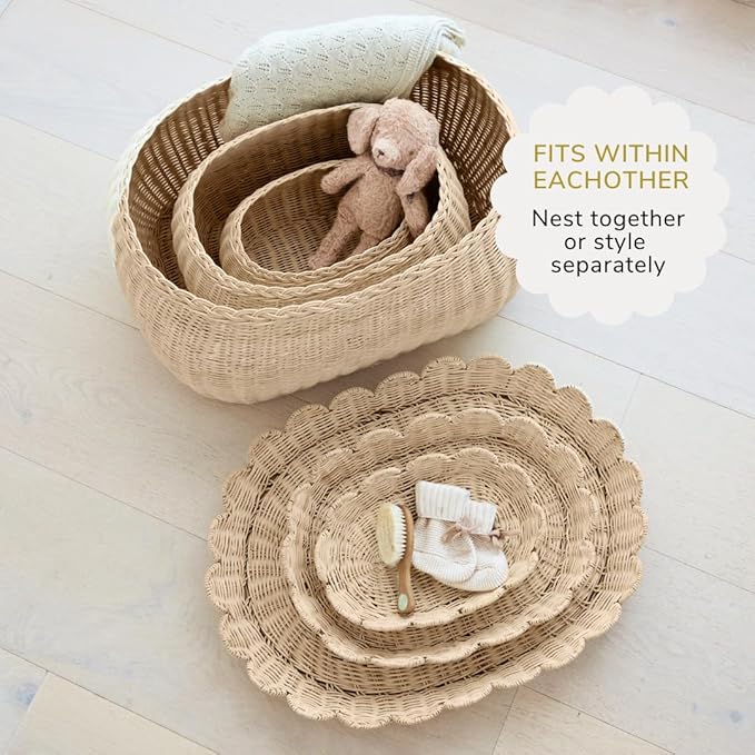 BEBE BASK Large Scalloped Basket Set Of 3 - Hand-Woven & Award-Winning Scallop Basket - XL - Extra Large for Blankets 22 x 16 x 10 In - Elegant Wicker With Scalloped Edge Lid (Natural)-VerdiqueGarden