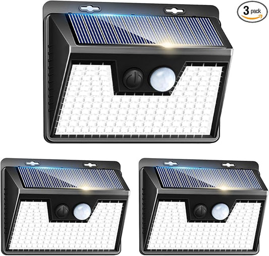 Peasur 140LED Solar Powered Lights Outdoor Waterproof, 3 Packs Motion Sensor Light Ultra-Bright, 3 Modes Fence Security Lighting for Outside Yard Wall Deck Step Garden(Cool White)-VerdiqueGarden
