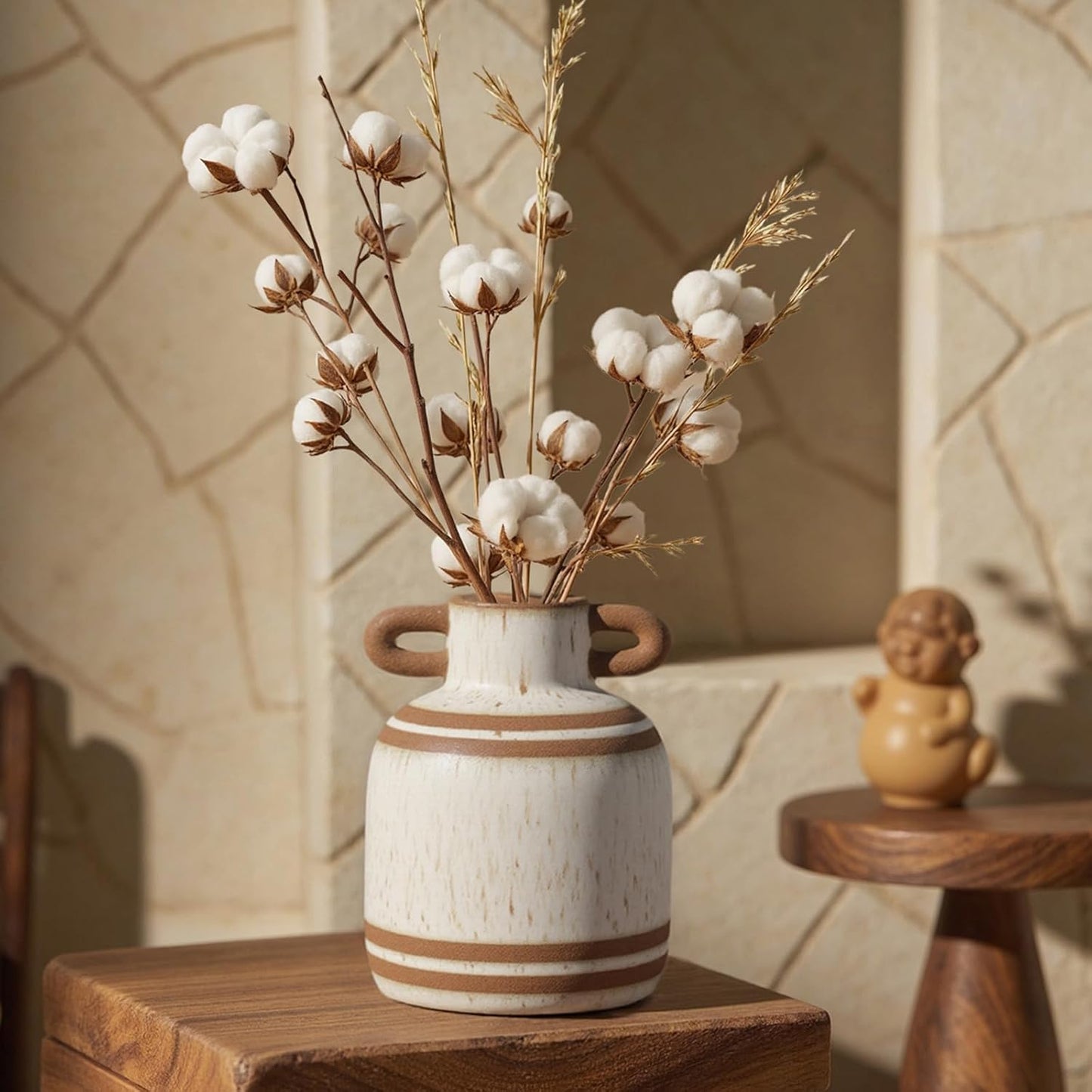 Rustic Farmhouse Ceramic Vase, Pastoral with 2 Ear Design, Boho Vintage Terracotta Vases for Bouquet、Fake Plants, Suitable for Home Decor, Shelf, Dining Table, Living Room, Mantle, Bathroom, 5.9 Inch-VerdiqueGarden