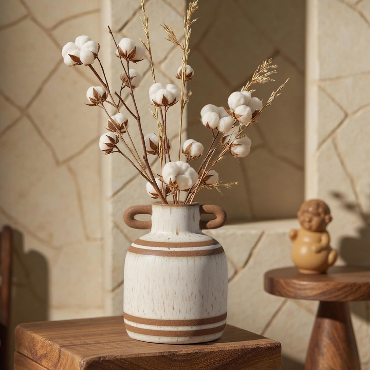 Rustic Farmhouse Ceramic Vase, Pastoral with 2 Ear Design, Boho Vintage Terracotta Vases for Bouquet、Fake Plants, Suitable for Home Decor, Shelf, Dining Table, Living Room, Mantle, Bathroom, 5.9 Inch-VerdiqueGarden