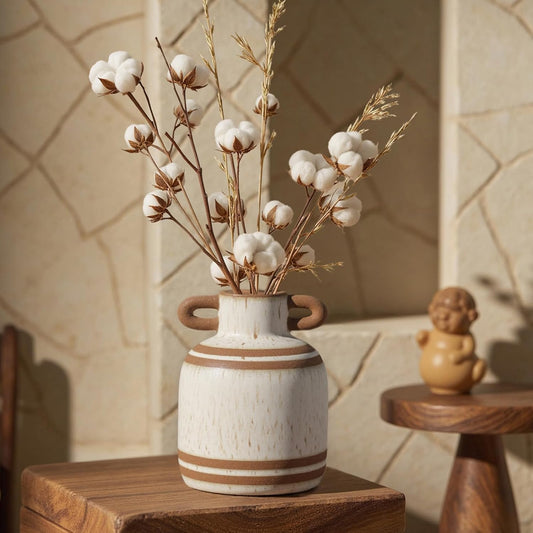 Rustic Farmhouse Ceramic Vase, Pastoral with 2 Ear Design, Boho Vintage Terracotta Vases for Bouquet、Fake Plants, Suitable for Home Decor, Shelf, Dining Table, Living Room, Mantle, Bathroom, 5.9 Inch-VerdiqueGarden