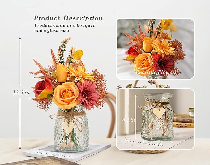Artificial Flowers with Vase, Faux Silk Flowers Arrangement in Vase, Rustic Home Office Decorations, Farmhouse Dining Table Decor, Coffee Table Centerpiece, Fall Table Plant Decor-VerdiqueGarden