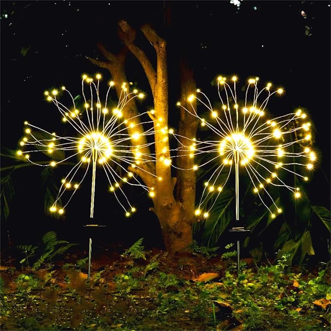 Honche Solar Garden Lights, 2 Pack Decorative Solar Outdoor Lights Weatherproof IP65 8 Lighting Modes Firework Lights for Garden Patio Counrtyards Pathway Parties (WarmWhite-8LightingMode-Oval)-VerdiqueGarden