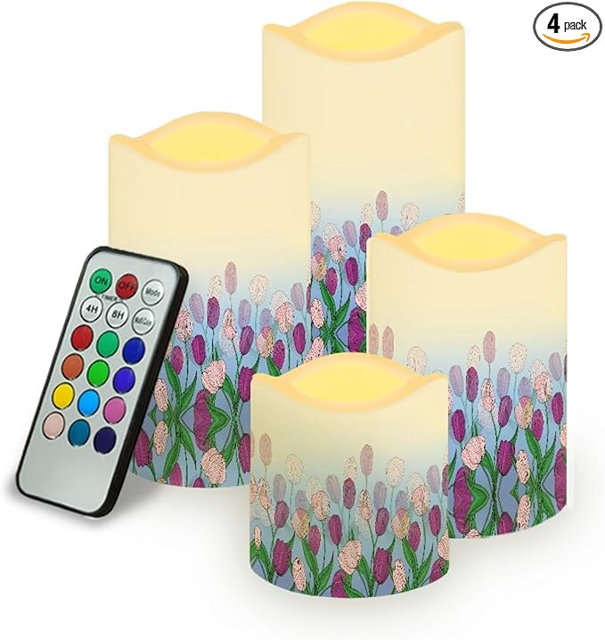 Ystardream Purple Tulips Flameless Candles with Timer Led Candles Flickering 4 Candle Sets for Home Decor,18 Key Remote Control，Dancing Flame, True Wax, Battery Power-VerdiqueGarden