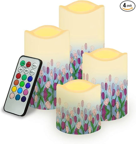 Ystardream Purple Tulips Flameless Candles with Timer Led Candles Flickering 4 Candle Sets for Home Decor,18 Key Remote Control，Dancing Flame, True Wax, Battery Power-VerdiqueGarden