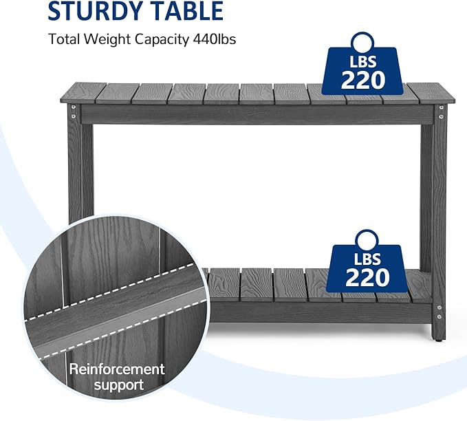 Outdoor Console Table, 48" Weather Resistant HIPS Patio Side Table, 440LBS Weight Capacity, 2-Tier Multifunctional Buffet Bar Storage Organizer for Garden Deck, Gray-VerdiqueGarden