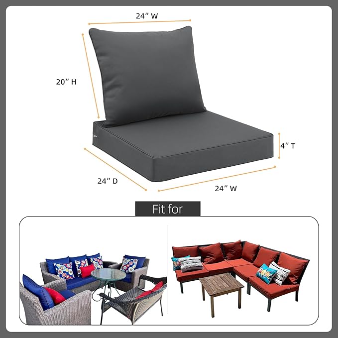 Favoyard Outdoor Seat Cushion Set 24 x 24 Inch Waterproof & Fade Resistant Patio Furniture Cushions with Removable Cover Deep Seat & Back Cushion with Handle and Adjustable Straps for Chair Sofa Couch-VerdiqueGarden