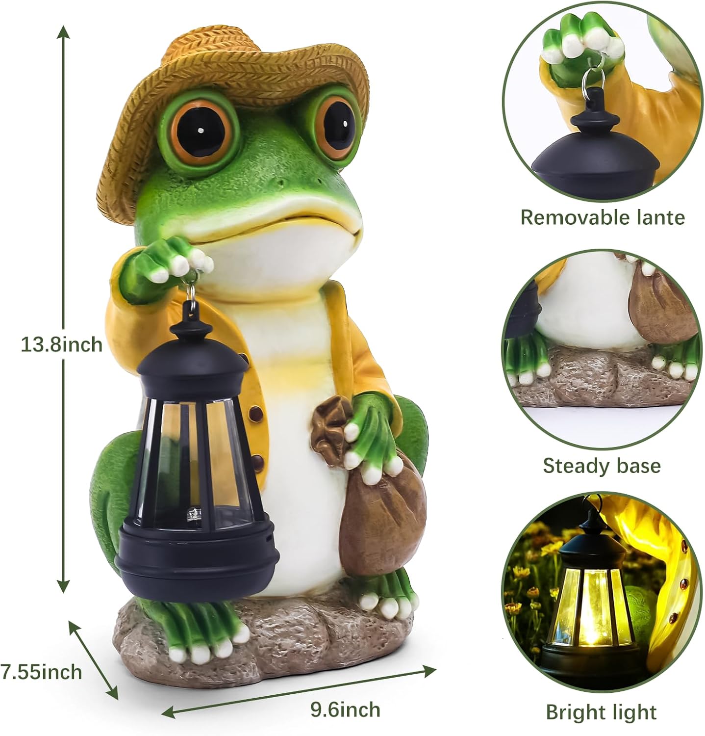 Large Frog Garden Statue, 13.3 Inches Tall, Resin Frog Decor with Solar Lantern for Outdoor Decoration and Housewarming-VerdiqueGarden