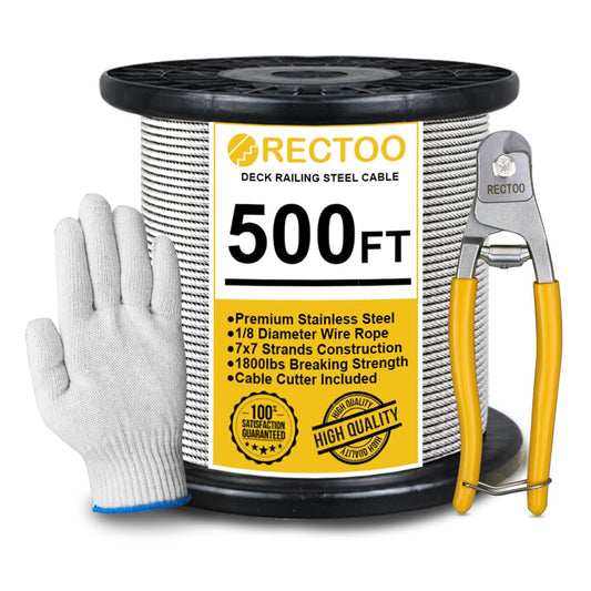 500FT 1/8" T316 Stainless Steel Cable with Cutter, 7x7 Strands Aircraft Wire Rope for Deck Railing, Stair Handrail, Porch Fence, High Strength for Indoor and Outdoor Use-VerdiqueGarden