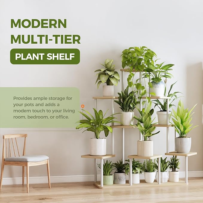 Bamworld Large Plant Stand Indoor, 9 Tier Tall Metal Plant Shelf for Multiple Plants, Tiered Flower Stand for Patio Garden Balcony Living Room Bedroom(White)-VerdiqueGarden