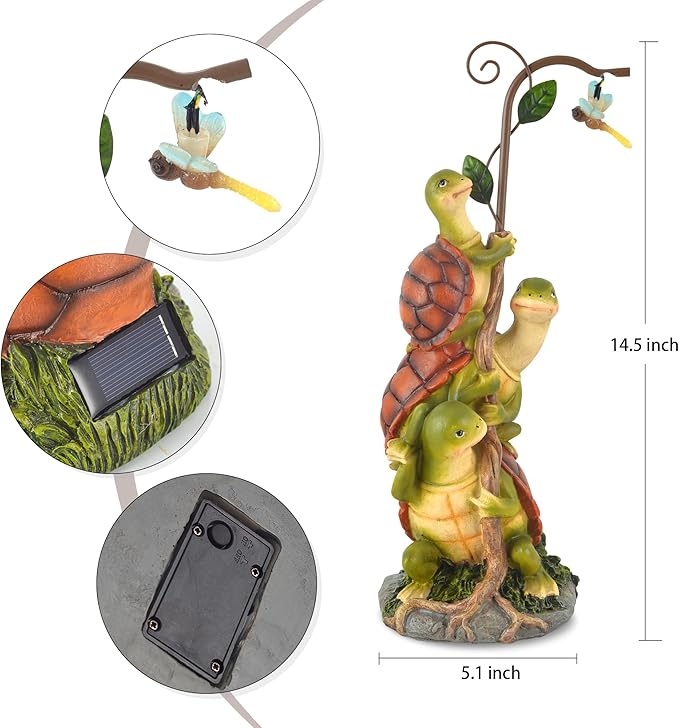 Turtle Figurine Garden Decor, Solar Turtle Outdoor Statue, Funny Turtle Gift Sculpture Decoration for Home Patio Yard Lawn Porch Ornament-VerdiqueGarden