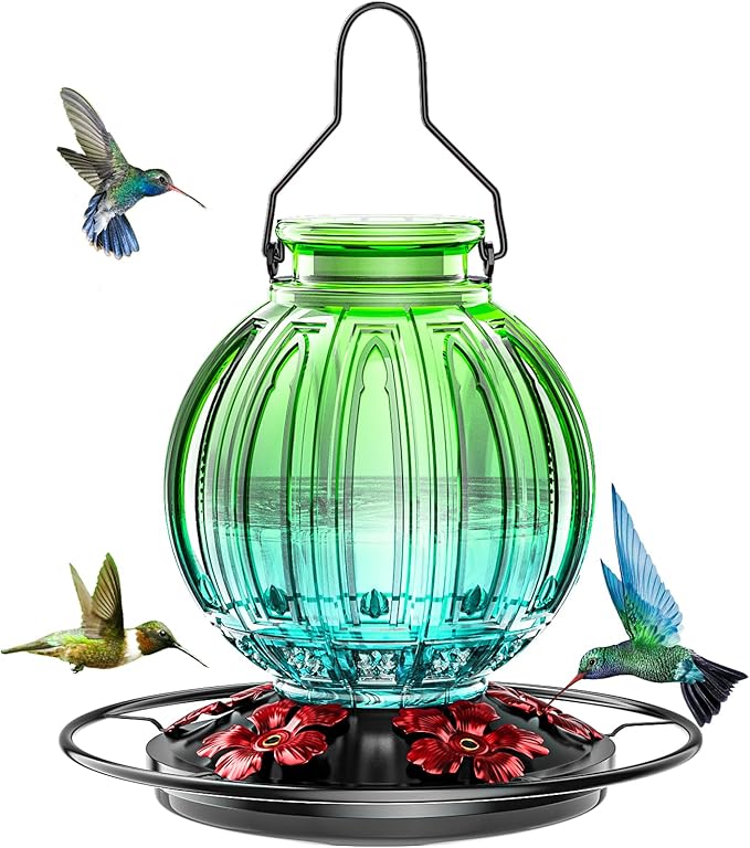 Glass Hummingbird Feeder for Outdoors Hanging, Bird Nectar Feeder with Perch & 5 Flower Feeding Ports, 26 Oz Leak Proof for Outside Garden Decor Backyard, Gifts for Women Mom, Green & Blue-VerdiqueGarden