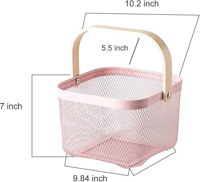 Metal Mesh Steel Basket, Storage Organizer Basket Multi-functional Hanging Kitchen Baskets Fruit Basket Bin with Bamboo Handle for Kitchen Bathroom Picnic Shopping Decor Cabinet Home, Pink-VerdiqueGarden