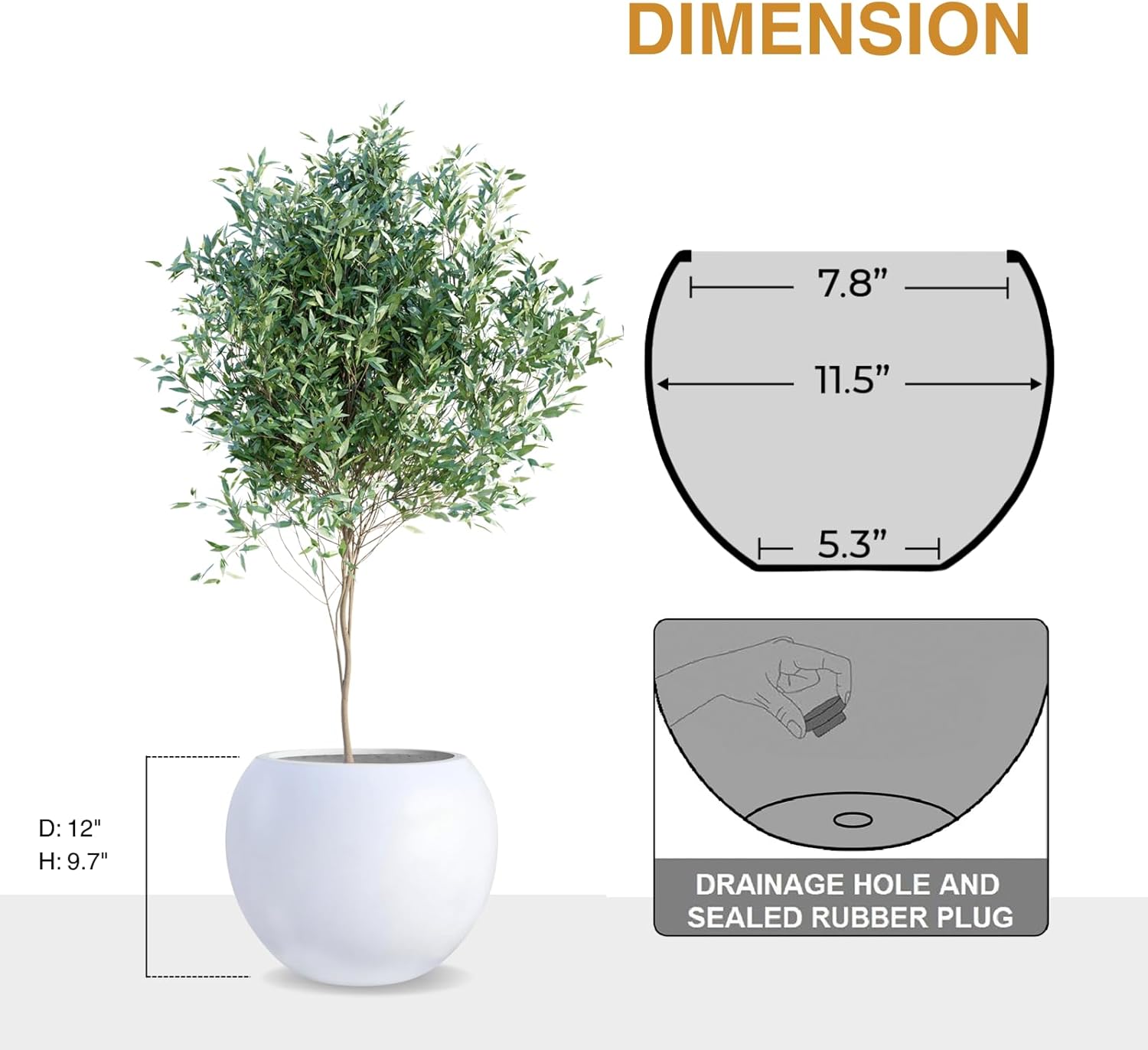 9.7" H x 12" D Globo Fiberstone Round Planter with Drainage Hole, Weather Resistant, Smooth Finish, Planters for Indoor Plants & Outdoor, 2 Extra Coco Mats (White, 7.8" Pot Opening)-VerdiqueGarden