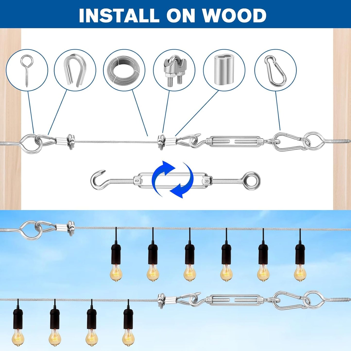 220FT 1/16" Wire Rope Kit - String Light Hanging Kit Vinyl Coated 304 Stainless Steel Cable with Turnbuckles for String Light Hanging, Gate Anti Sag, Stair Railing, Curtain, Picture Hanging, Garden-VerdiqueGarden