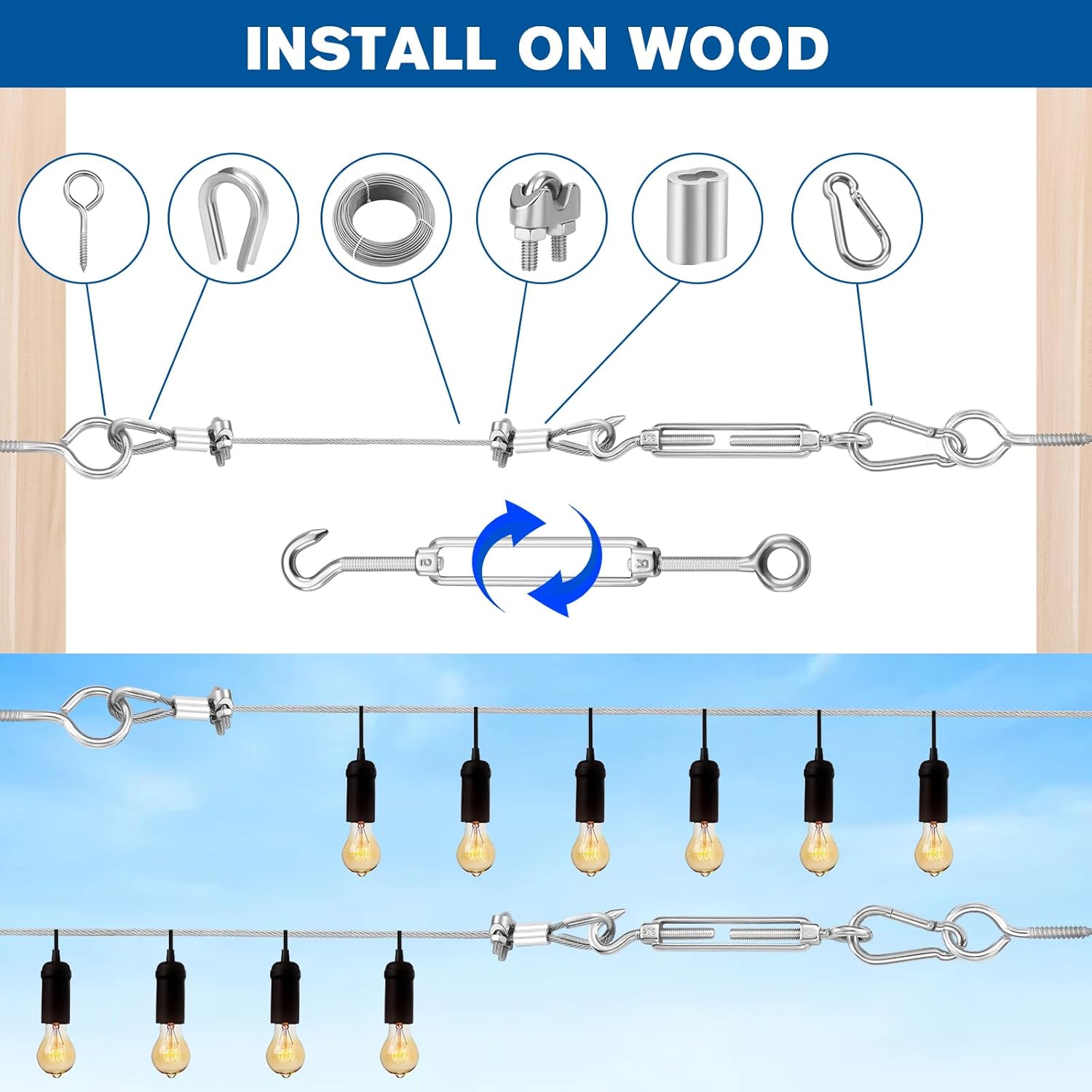 220FT 1/16" Wire Rope Kit - String Light Hanging Kit Vinyl Coated 304 Stainless Steel Cable with Turnbuckles for String Light Hanging, Gate Anti Sag, Stair Railing, Curtain, Picture Hanging, Garden-VerdiqueGarden