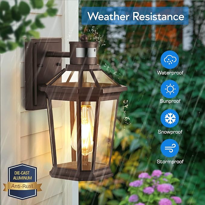 VIANIS Oil Rubbed Bronze Dusk to Dawn Motion Sensor Porch Light, Anti-Rust Aluminum Frame, Tempered Glass, 100% Weather Resistant, Easy Installation, Fits Standard E26 Bulbs-VerdiqueGarden