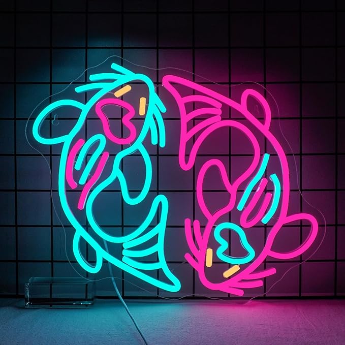 WLHOPE Koi Fish Neon Sign for Wall Decor Koi Carp Neon Light Fish Neon Signs Dimmable Neon Lights Blue Pink Fish LED Light Up Sign for Bedroom Bar Restaurant Office Fishroom Koi Pond-VerdiqueGarden