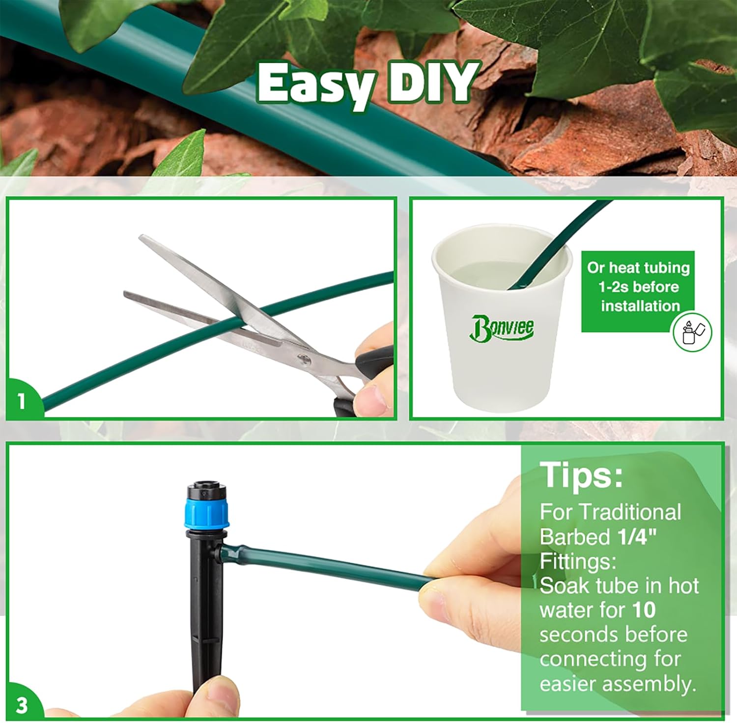 Bonviee 100FT 1/4 inch Blank Distribution Tubing Drip Irrigation Hose Garden Watering Tube Line for Small garden irrigation system-Green-VerdiqueGarden